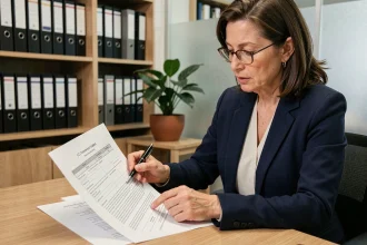 Femme d'affaires analysant un bail commercial et l'indice ILC dans un bureau professionnel