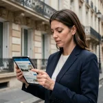 Femme consultant une plateforme d'annonces immobilières devant un immeuble haussmannien à Paris