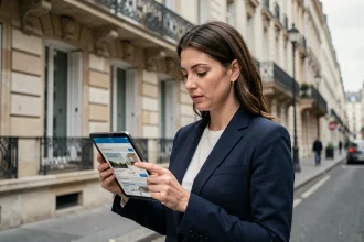 Femme consultant une plateforme d'annonces immobilières devant un immeuble haussmannien à Paris