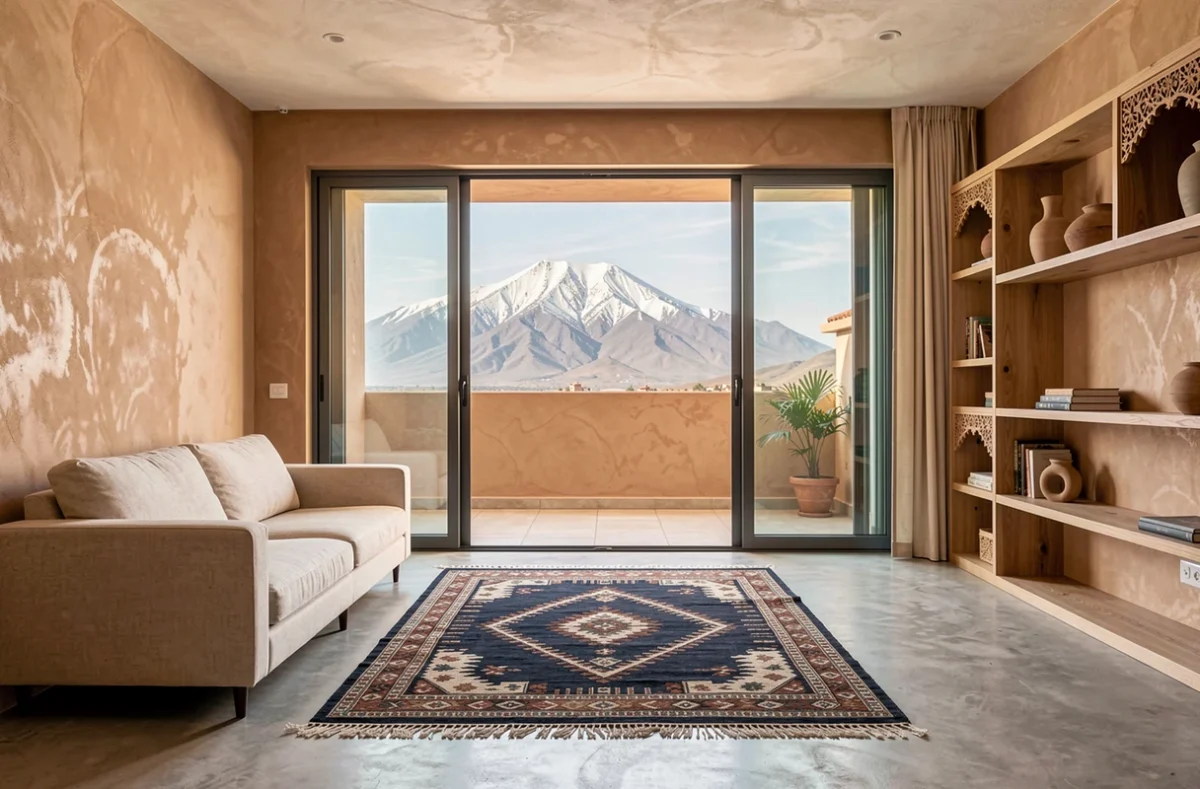 Salon d'appartement moderne à Marrakech avec vue directe sur l'Atlas depuis une baie vitrée ouverte sur balcon