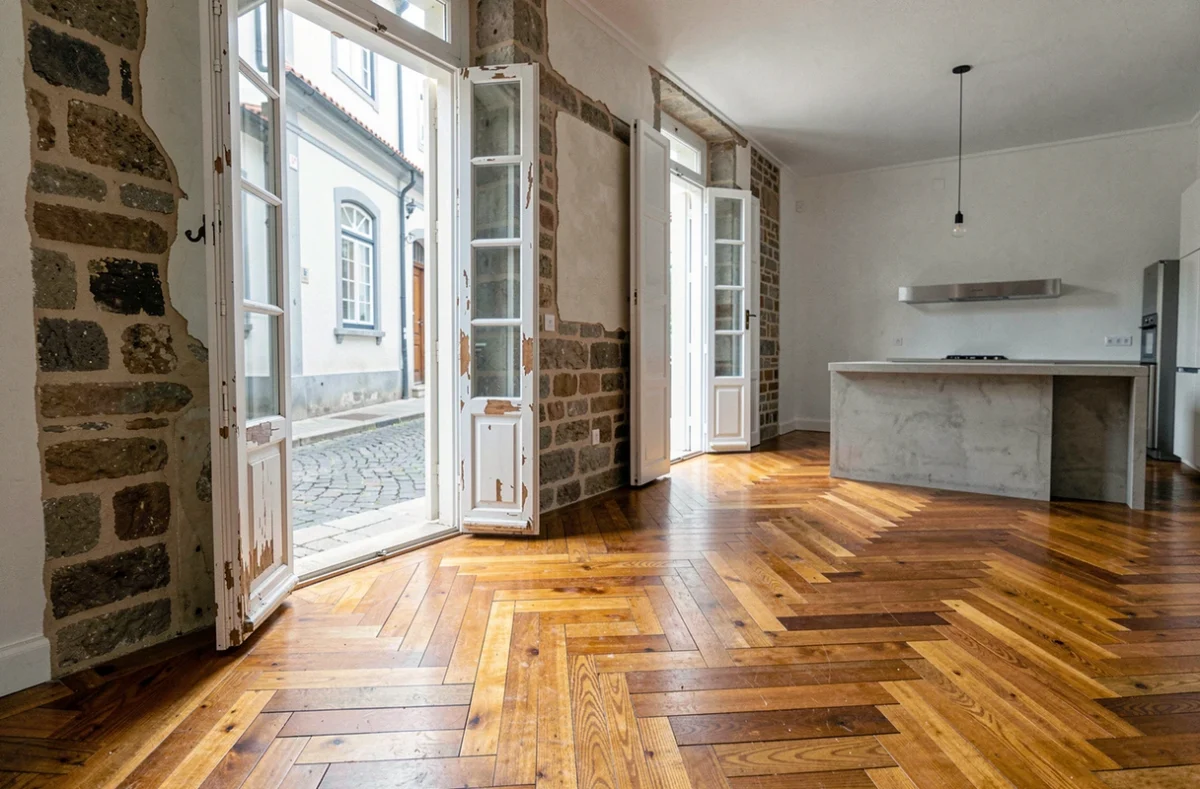 Appartement rénové à Porto avec parquet en chevrons, murs en pierre apparente et fenêtres ouvrant sur une ruelle typique portugaise