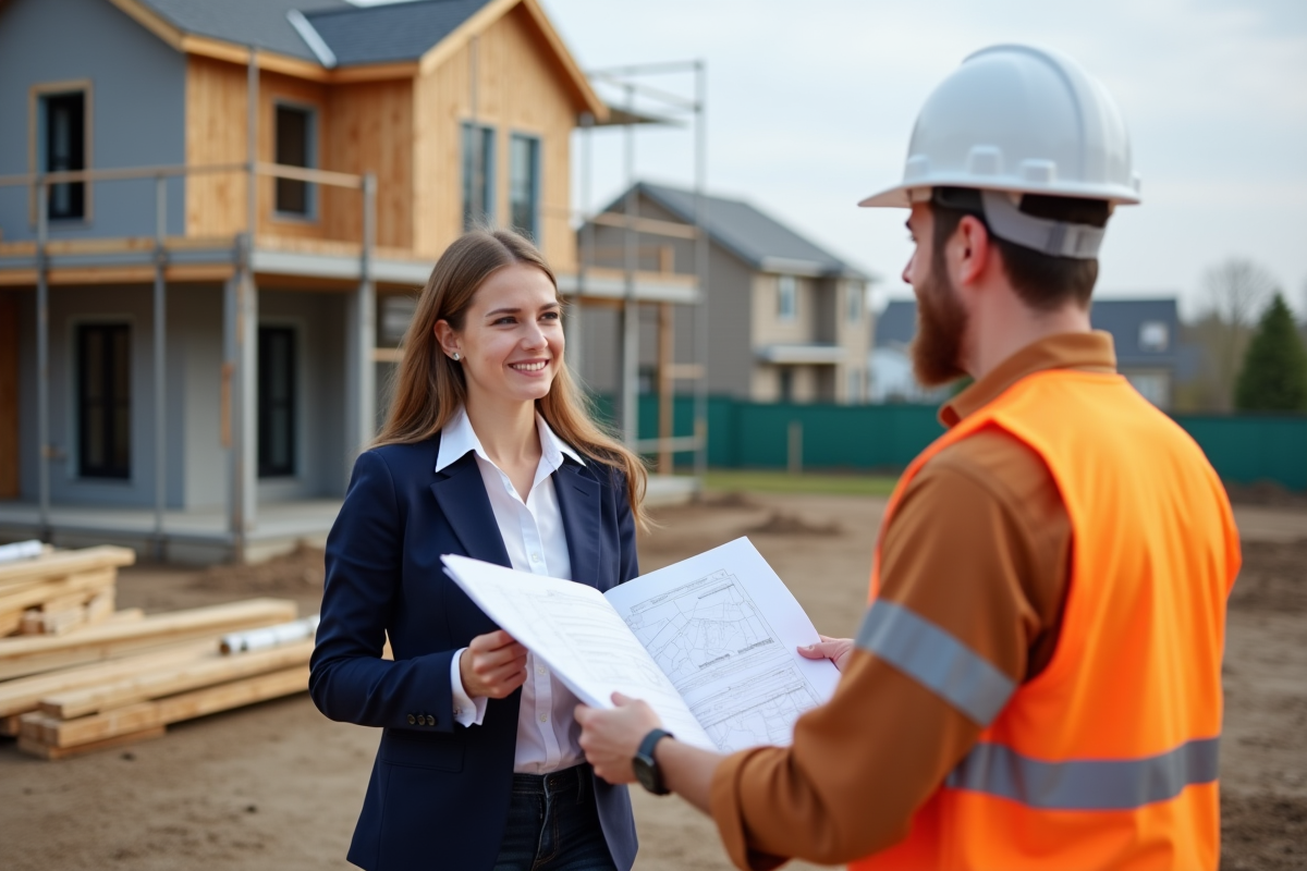 Jeune architecte discutant avec ouvrier sur un chantier