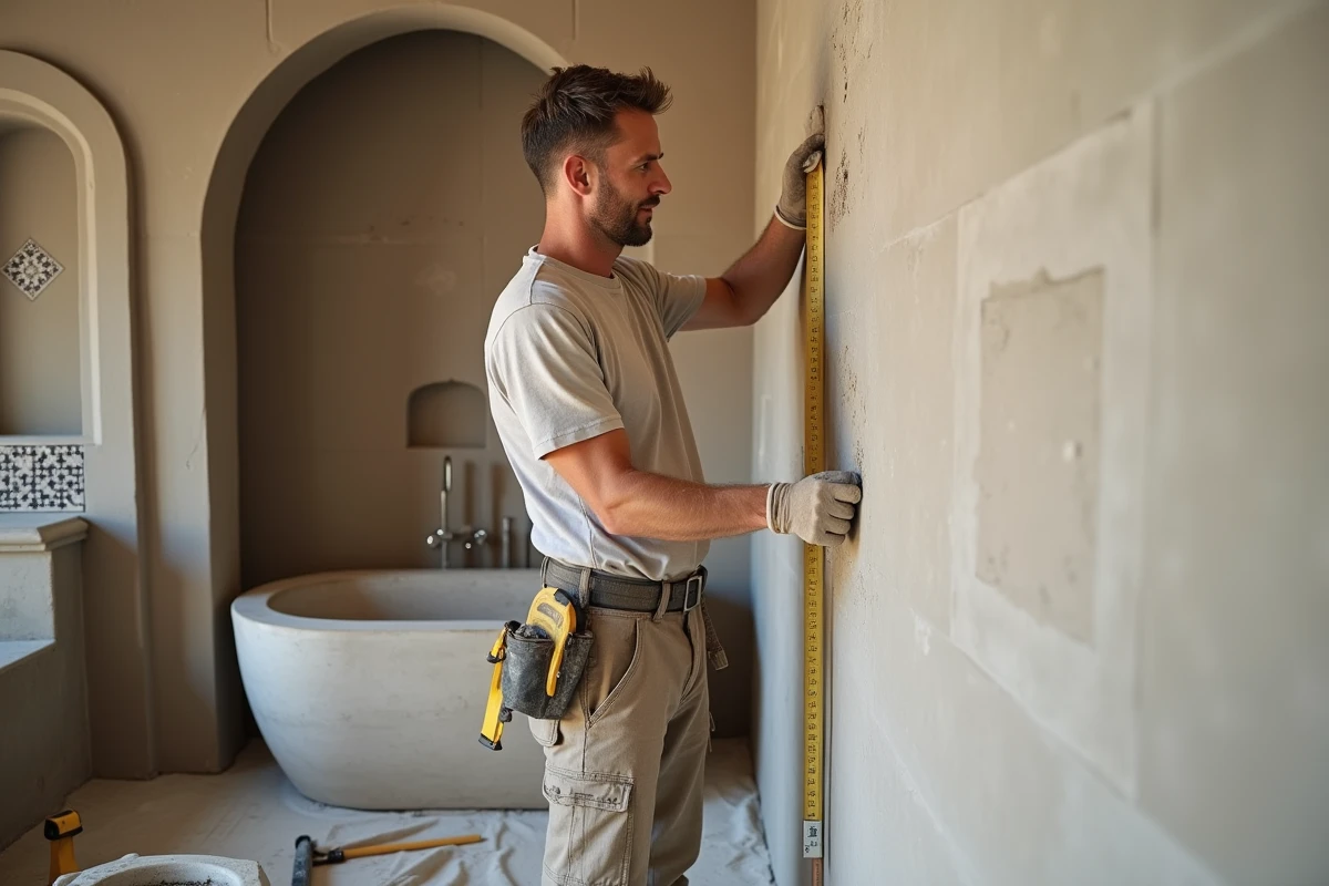 Artisan appliquant un enduit tadelakt traditionnel dans une salle de bain en rénovation d'un appartement à Marrakech
