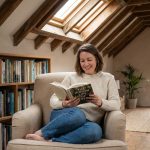 Femme détendue lisant dans un grenier rénové
