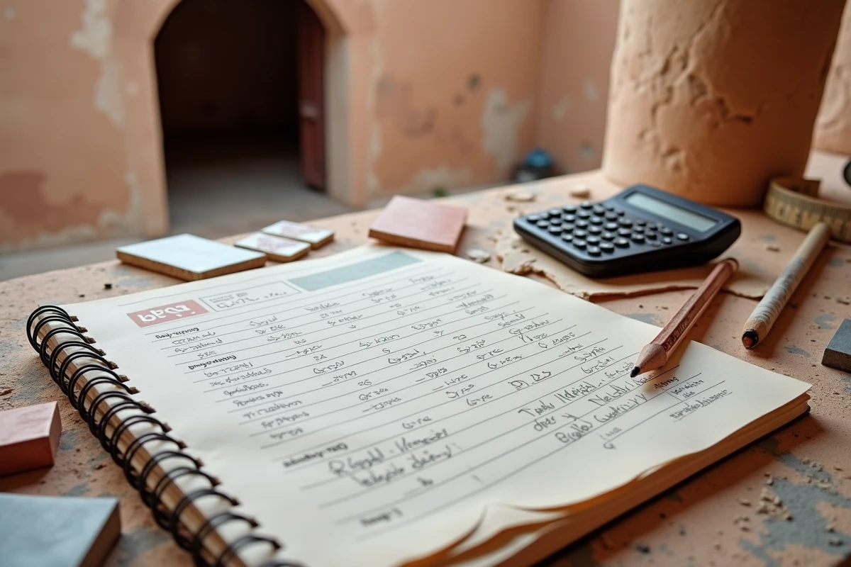 Carnet de budget de rénovation d'un riad avec échantillons de carrelage zellige, calculatrice et notes manuscrites sur une surface en pierre