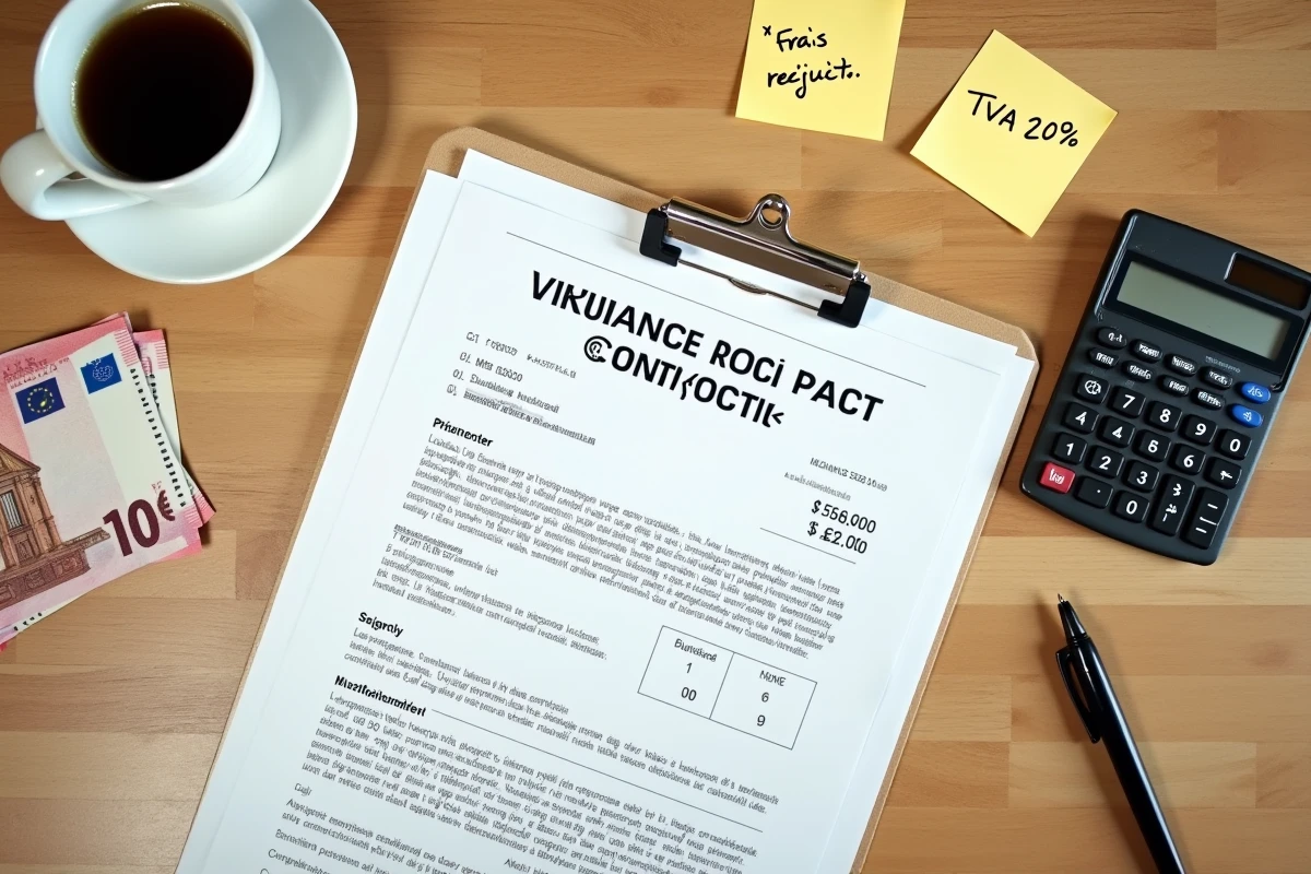 Vue aérienne d'un bureau avec contrat immobilier, calculatrice et notes sur les frais de notaire et la TVA