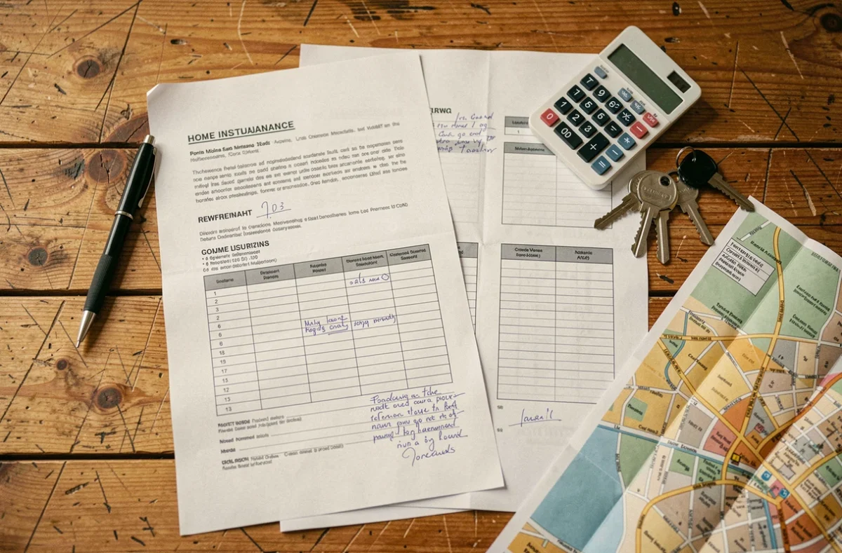 Vue aérienne d'un bureau avec documents d'assurance habitation, calculatrice et clés, symbolisant la comparaison des tarifs