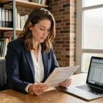 Femme consultant un contrat de bail avec calcul de complément de loyer sur ordinateur portable dans un appartement parisien