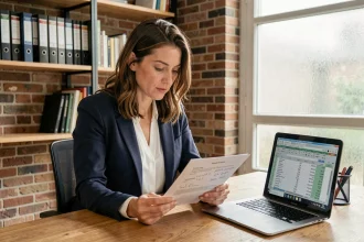 Femme consultant un contrat de bail avec calcul de complément de loyer sur ordinateur portable dans un appartement parisien