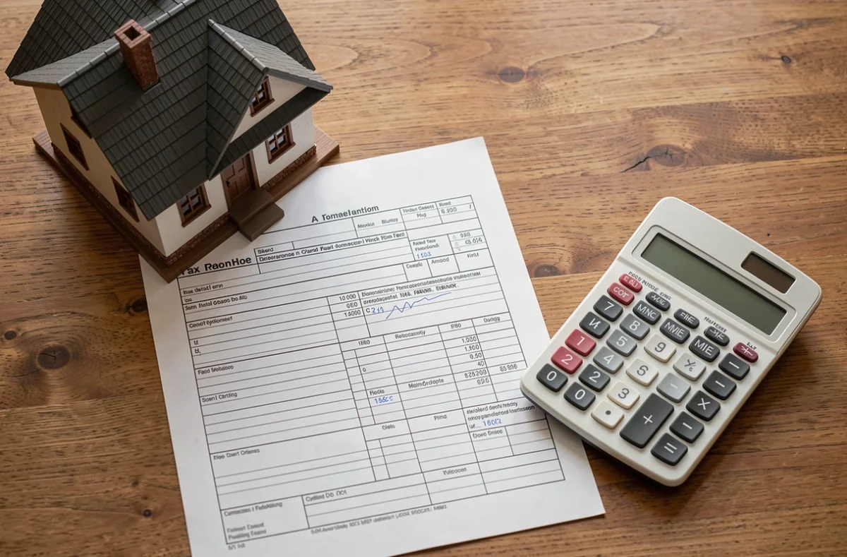Calculatrice et formulaire fiscal à côté d'une maquette de maison