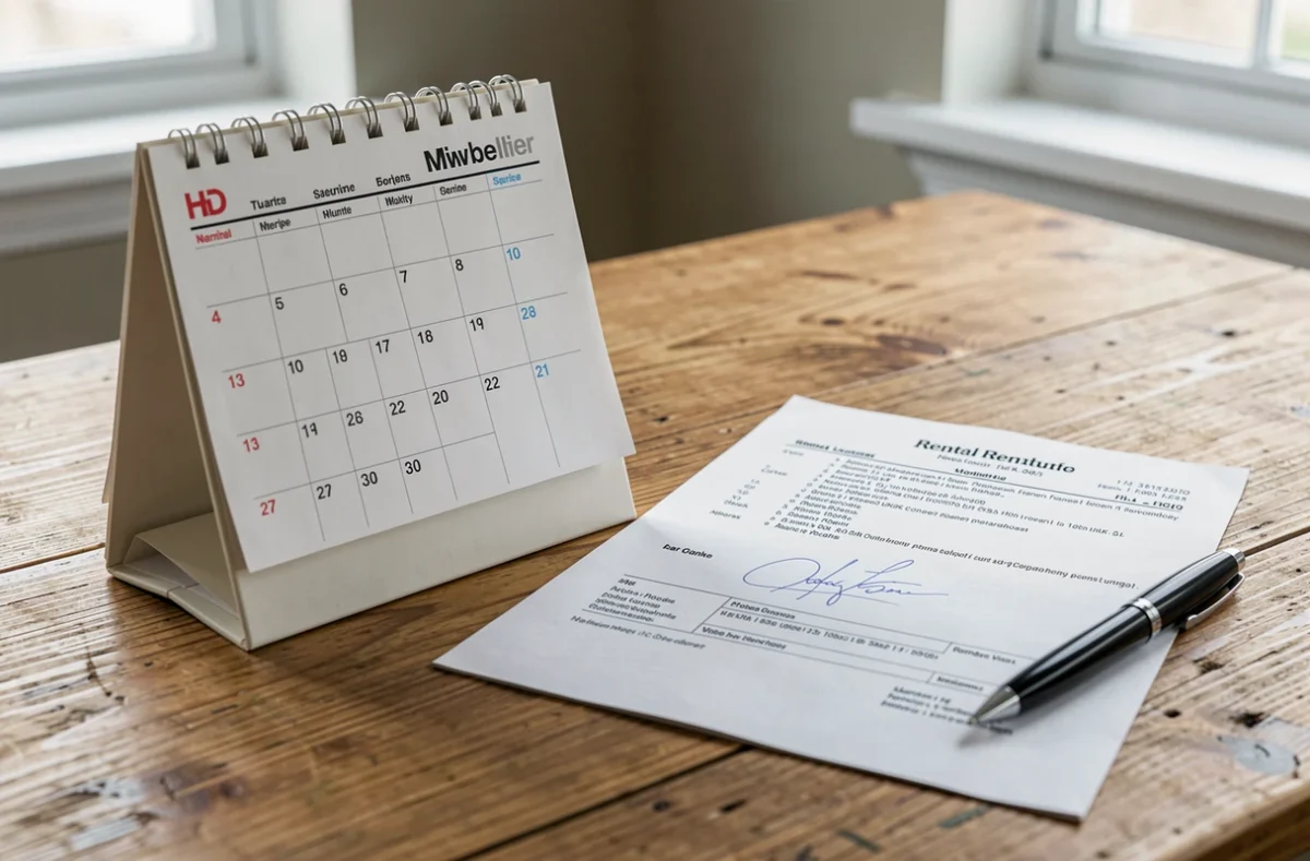 Calendrier et bail de location signé posés sur un bureau