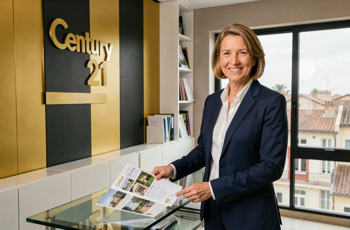 Agent immobilière professionnelle en bureau Century 21 Granié Immobilier à Montpellier présentant des annonces de propriétés