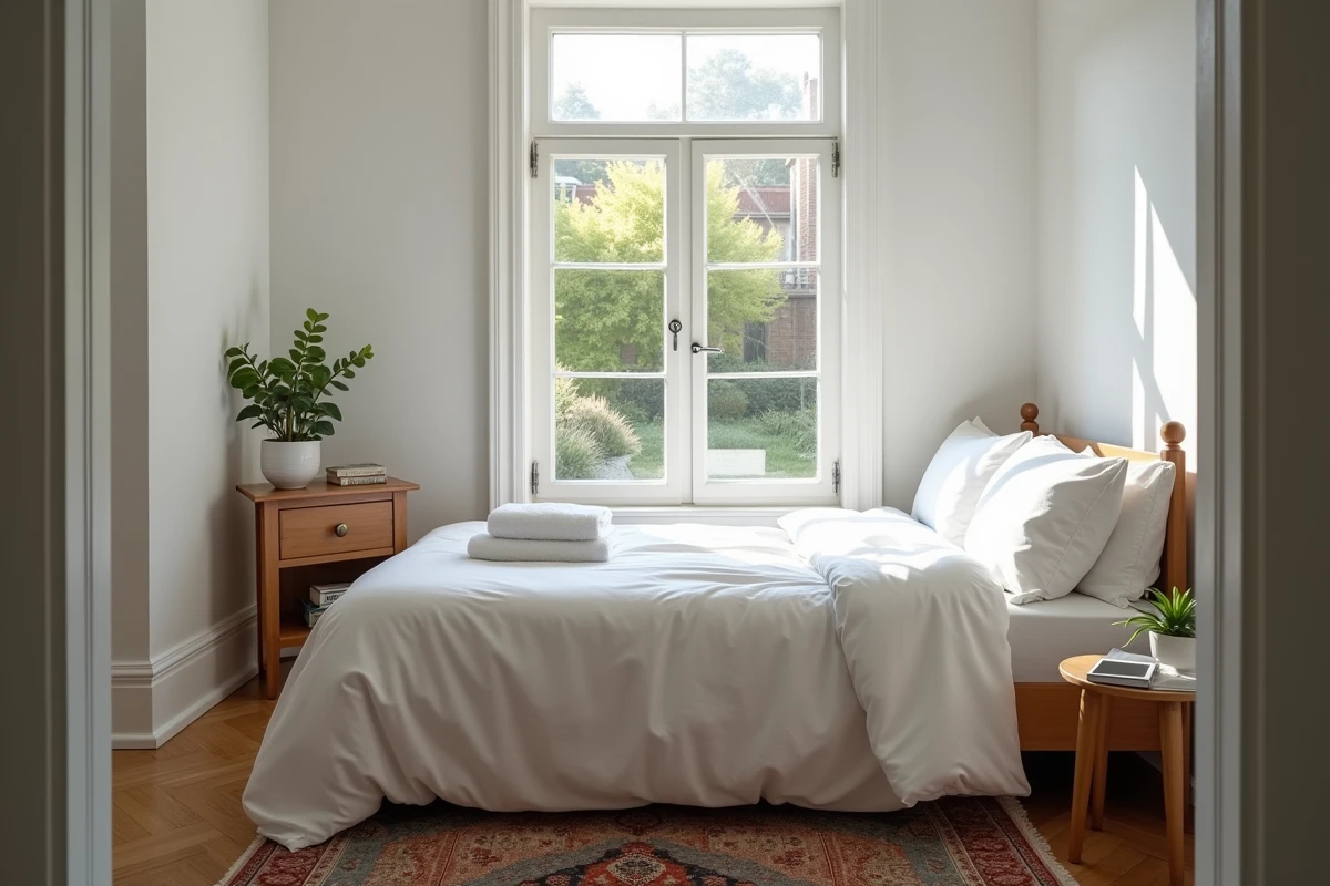 Chambre d'hôte bien aménagée dans une maison particulière avec literie blanche et décoration sobre pour la location occasionnelle