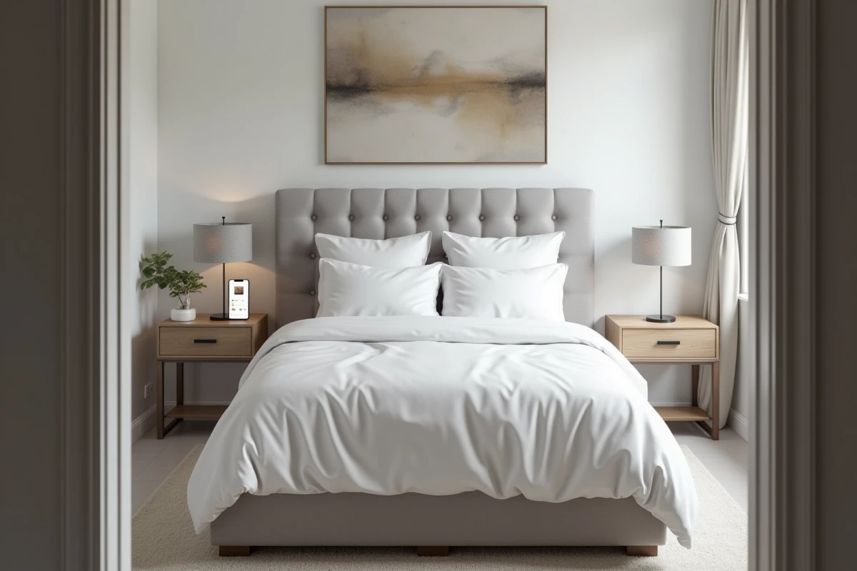Chambre principale de maison témoin avec visite virtuelle 360 affichée sur smartphone