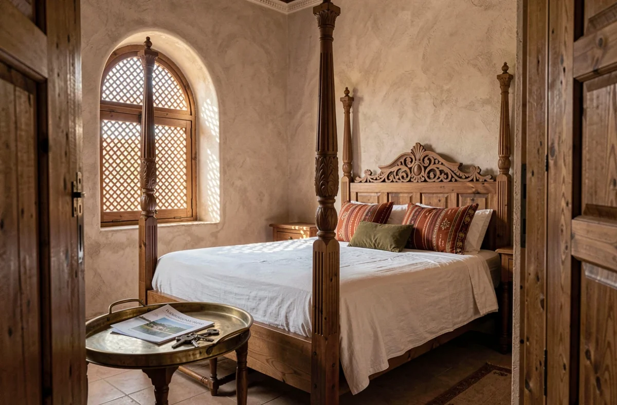 Chambre traditionnelle d'un riad rénové à Marrakech avec lit en cèdre sculpté, murs en tadelakt et fenêtre en bois de mashrabiya, idéale pour une résidence secondaire