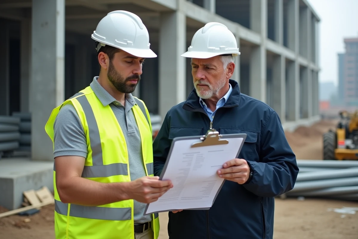 Chef de chantier et ingénieur consultant un rapport d'indexation BT47 sur un chantier de construction en cours