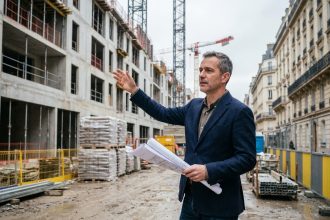 Architecte sur un chantier de construction neuve dans le 12e arrondissement de Paris, avec des immeubles haussmanniens en arrière-plan