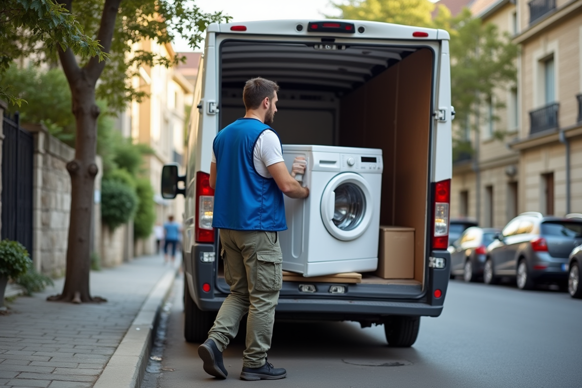 Jeune homme chargeant un lave-linge dans un camion de déménagement