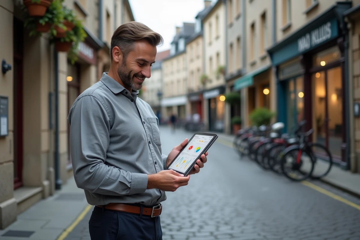 Commercial en prospection locale utilisant une tablette avec logiciel de gestion de zones géographiques
