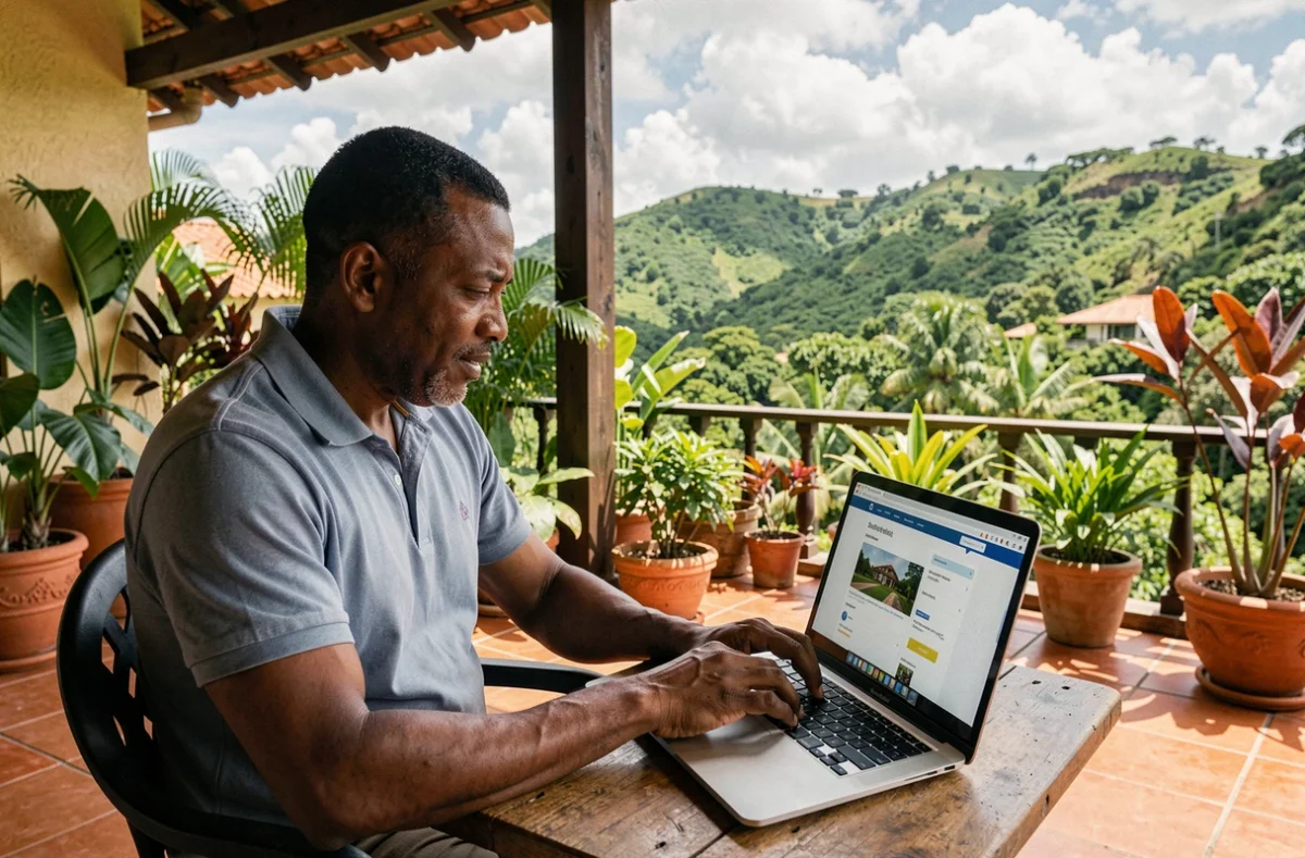 Homme comparant des devis d'assurance habitation en ligne sur une terrasse antillaise en Guadeloupe