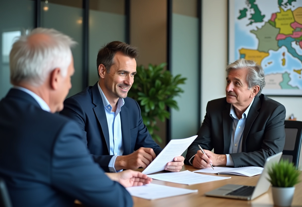 Conseiller immobilier expliquant aides au financement à un couple âgé