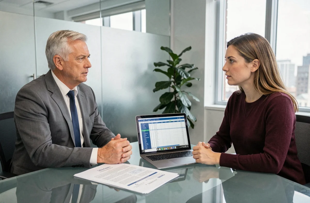 Conseiller immobilier et investisseur discutant des pièges de la revente LMNP en agence