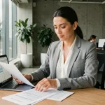 Conseillère financière analysant des exemples chiffrés de la méthode IDR sur des documents imprimés et un ordinateur portable dans un bureau moderne