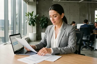 Conseillère financière analysant des exemples chiffrés de la méthode IDR sur des documents imprimés et un ordinateur portable dans un bureau moderne