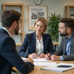 Conseillère en logement expliquant les aides du Comité Interprofessionnel du Logement à un jeune couple dans un bureau moderne