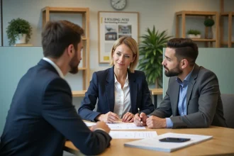 Conseillère en logement expliquant les aides du Comité Interprofessionnel du Logement à un jeune couple dans un bureau moderne