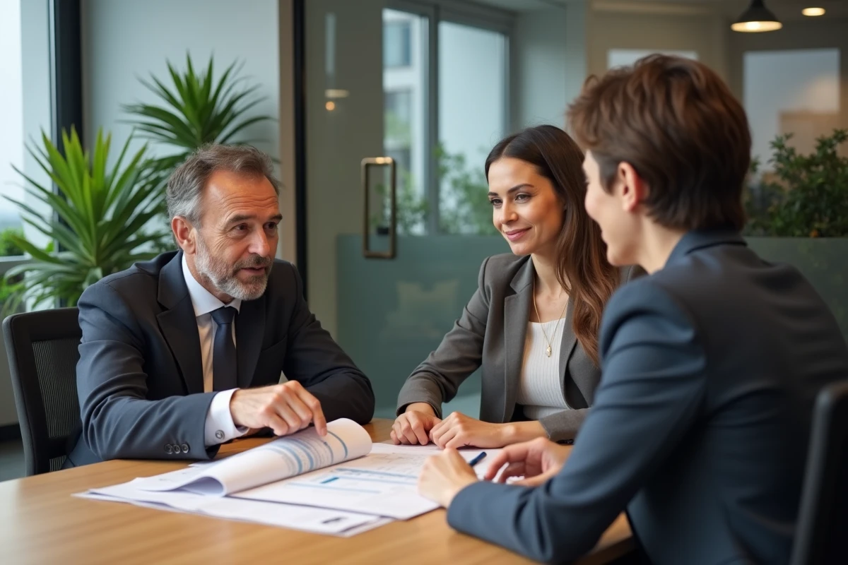 Couple consultant une notaire pour l'estimation immobilière de leur bien dans une étude moderne