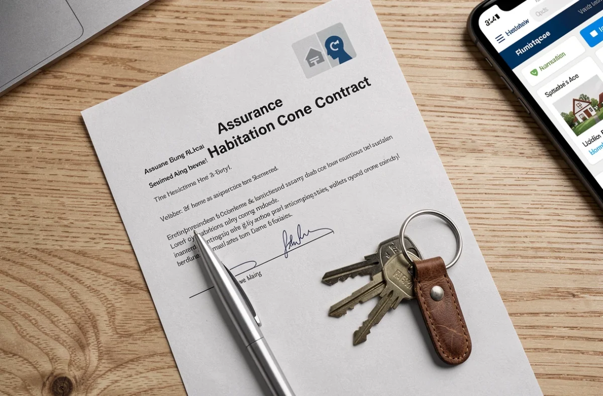 Contrat d'assurance habitation avec stylo et clés de maison sur un bureau, vue de dessus