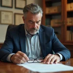 Homme examinant attentivement un contrat immobilier Pierre et Vacances chez le notaire avant de signer