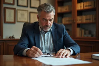 Homme examinant attentivement un contrat immobilier Pierre et Vacances chez le notaire avant de signer