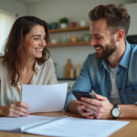 Propriétaire et locataire examinant un contrat de location dans une cuisine lumineuse