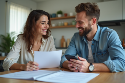 Propriétaire et locataire examinant un contrat de location dans une cuisine lumineuse