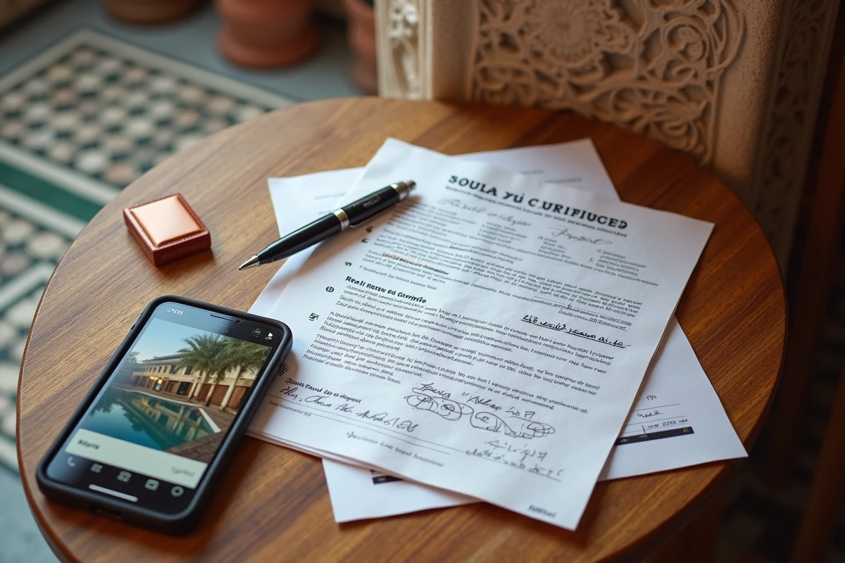 Contrat de vente d'appartement à Marrakech annoté posé sur une table avec smartphone affichant une annonce immobilière suspecte