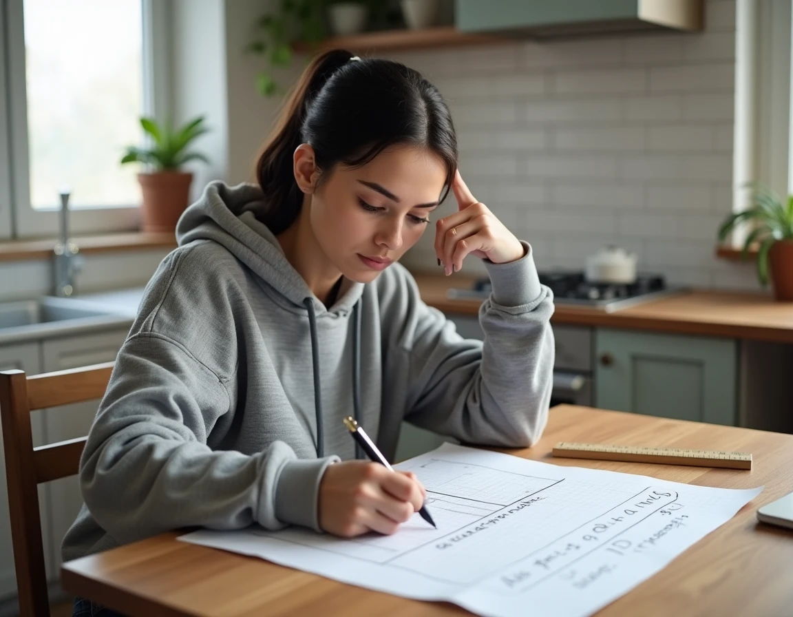Jeune femme calculant la conversion d'ares en mètres carrés à la main sur du papier quadrillé