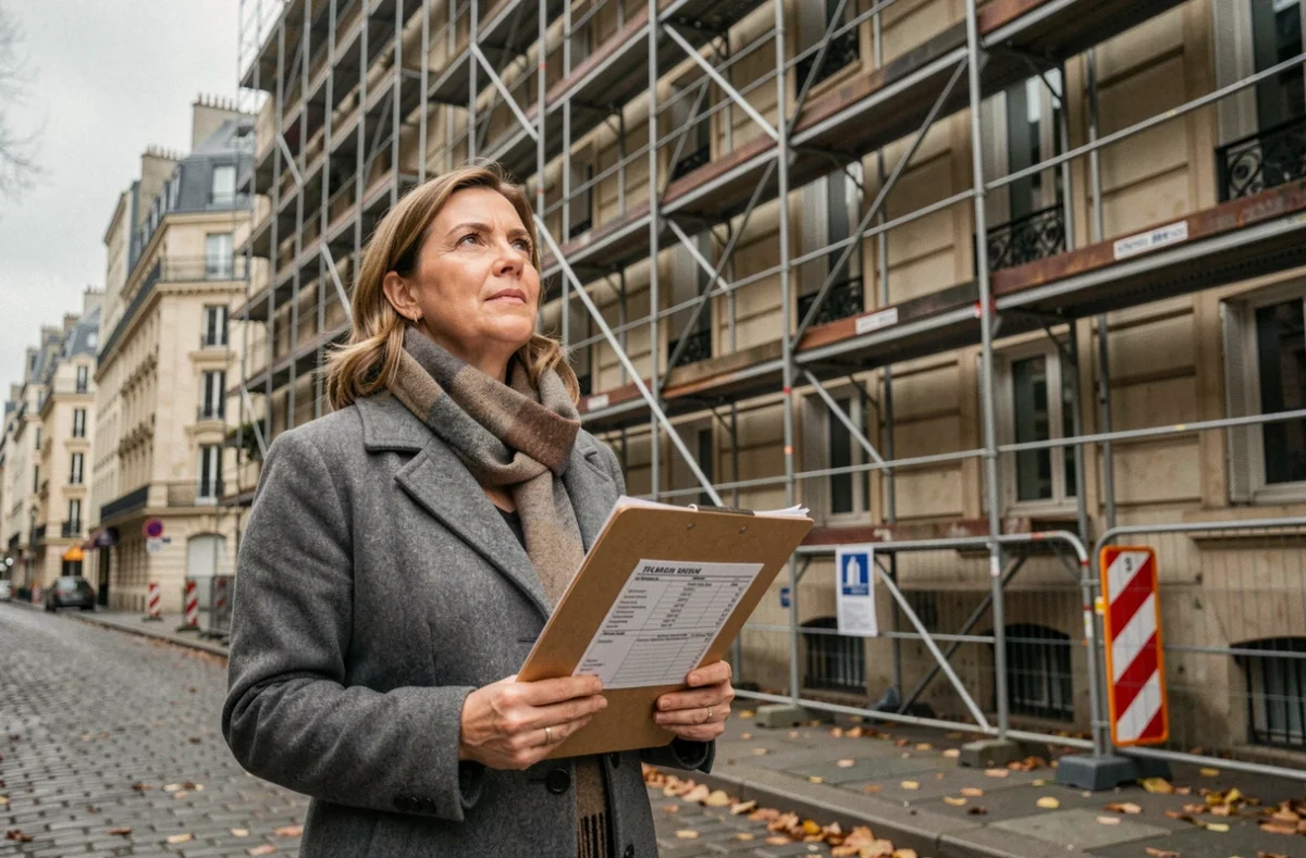 Copropriétaire inspectant la façade en rénovation d'un immeuble avant d'accepter un appel de fonds pour gros travaux