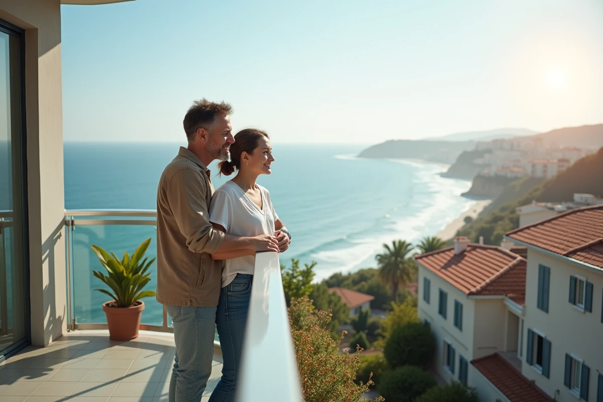 Jeune couple regardant la mer depuis un balcon ensoleille