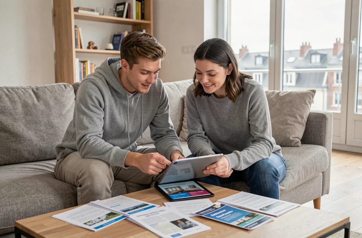 Couple comparant des offres d'assurance habitation sur une tablette dans un appartement moderne à Rennes