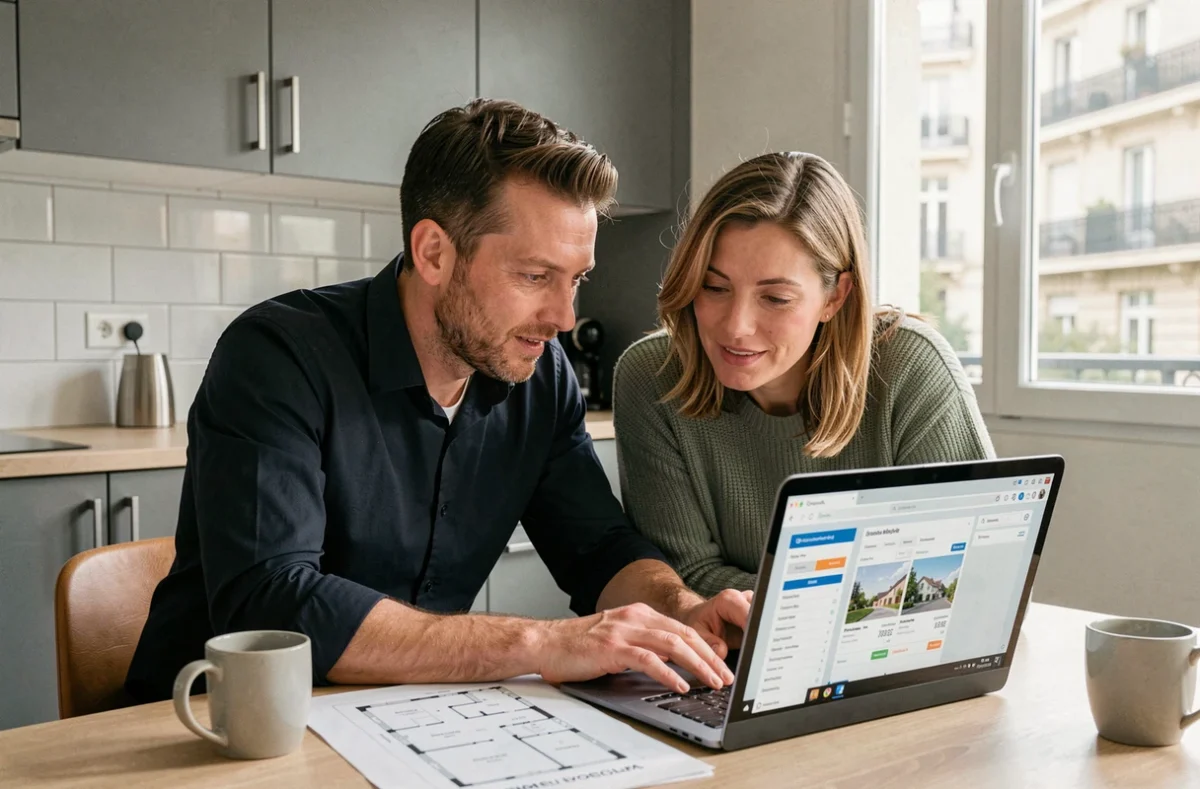Couple consultant un outil de comparaison immobilière sur un ordinateur portable dans leur appartement à Lyon