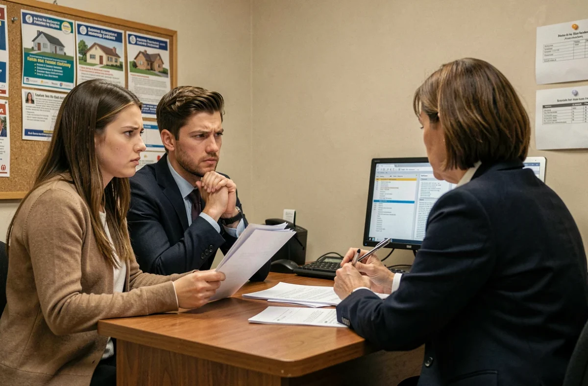 Jeune couple en difficulté financière rencontrant une conseillère en aide au logement dans un bureau de service social