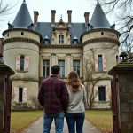 Couple devant un château abandonné en France à restaurer, façade en pierre couverte de lierre et volets décrépits
