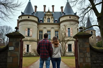 Couple devant un château abandonné en France à restaurer, façade en pierre couverte de lierre et volets décrépits