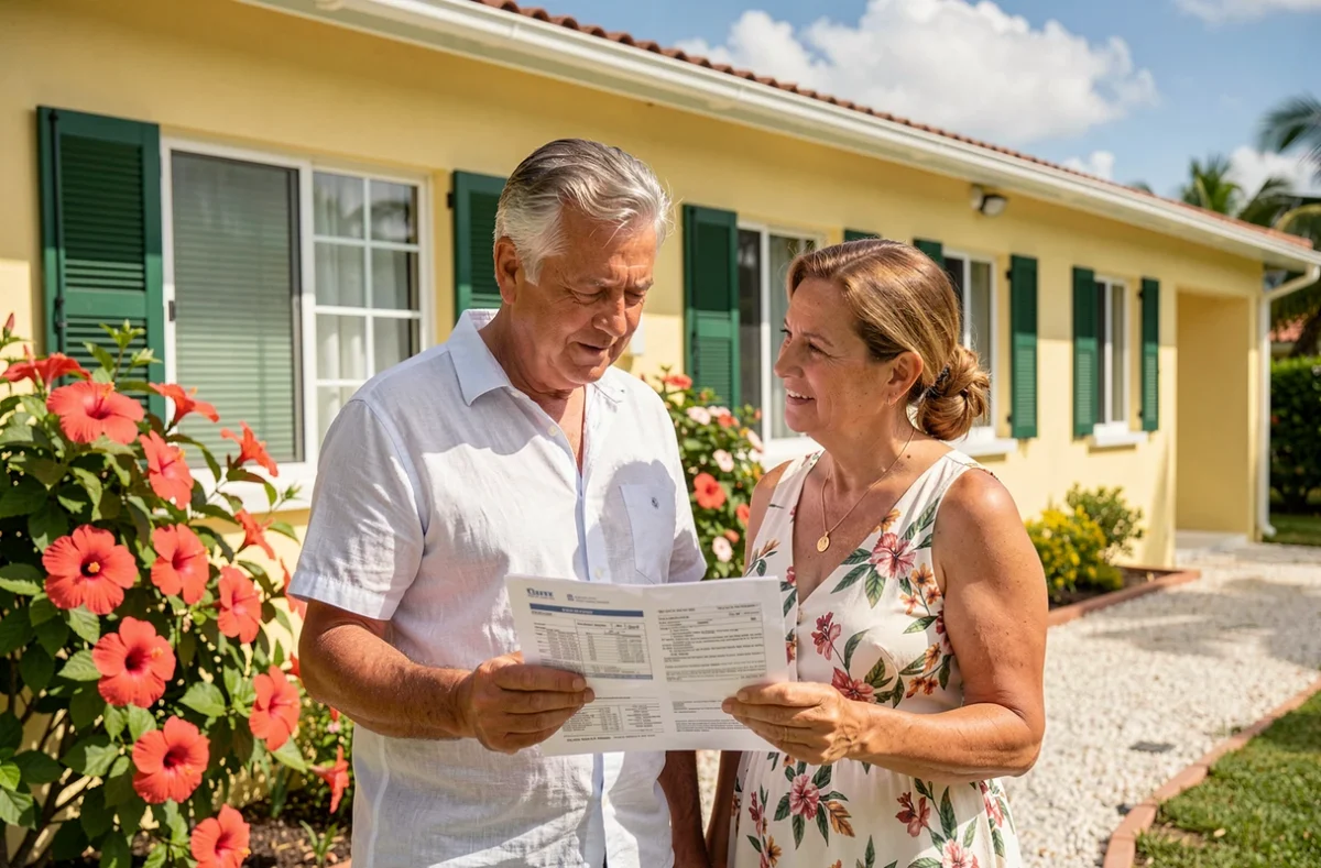 Couple guadeloupéen examinant un devis d'assurance habitation devant leur maison antillaise