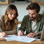 Couple examinant un dossier de crédit immobilier sans apport à La Banque Postale autour d'une table de cuisine