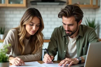 Couple examinant un dossier de crédit immobilier sans apport à La Banque Postale autour d'une table de cuisine