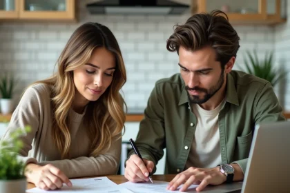 Couple examinant un dossier de crédit immobilier sans apport à La Banque Postale autour d'une table de cuisine