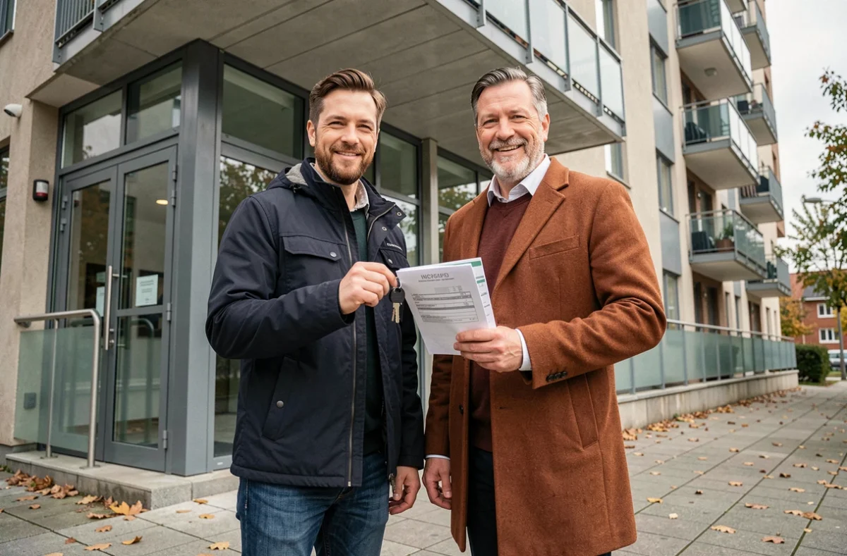 Couple devant leur immeuble tenant les clés et un dossier de contrat de location